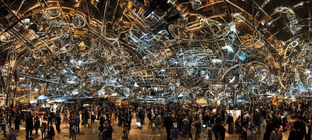 Prompt: A wide view into a showcase full of thousands of different old mechanical futuristic machines, illuminated from top with spolights, in a huge room of a futuristic museum