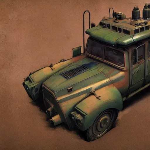 Prompt: a highly detailed epic cinematic concept art CG render digital painting artwork: dieselpunk patrol car inspired by a locomotive. By Greg Rutkowski, Ilya Kuvshinov, WLOP, Stanley Artgerm Lau, Ruan Jia and Fenghua Zhong, trending on ArtStation, subtle muted cinematic colors, made in Maya, Blender and Photoshop, octane render, excellent composition, cinematic atmosphere, dynamic dramatic cinematic lighting, precise correct anatomy, aesthetic, very inspirational, arthouse