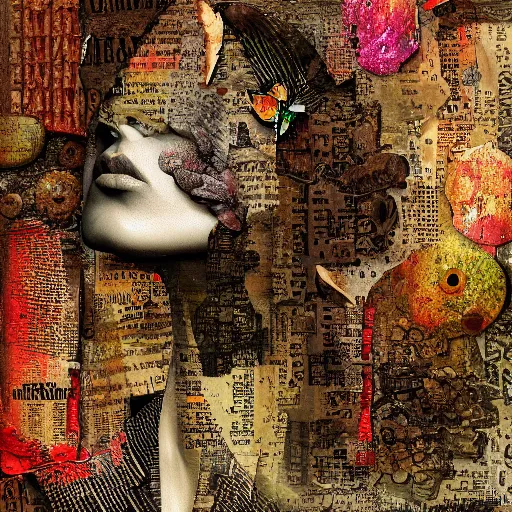 Image similar to detailed and highly reliefed mixed media digital collage textures, spectacular quality