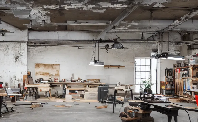 Image similar to an old warehouse that is turned into a workshop with a staple of vintage televisions