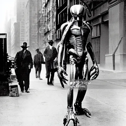 Image similar to old black and white photo, 1 9 1 3, depicting a xenomorph from the movie aliens rampaging through the bustling streets of new york city, historical record
