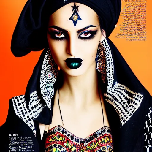 Prompt: a beautiful professional photograph by hamir sardar, herb ritts and ellen von unwerh for the cover of vogue magazine of a beautiful and unusually attractive moroccan berber female fashion model with a face tattoo looking at the camera in a flirtatious way, leica 5 0 mm f 1. 8 lens