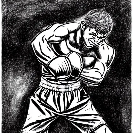 Image similar to professional drawing in the style of kentaro miura of boxing world champion rocky marciano punching