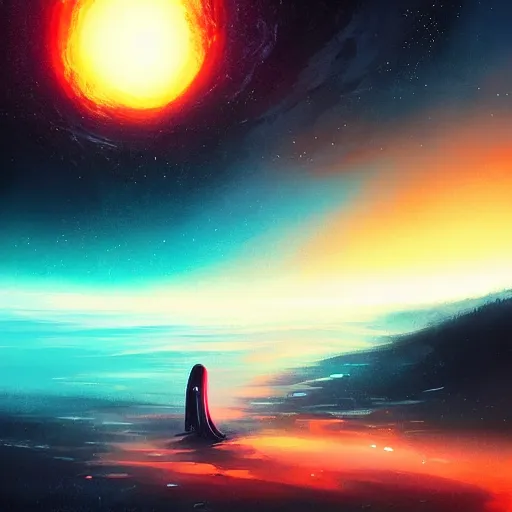 Image similar to a black hole as the sunset of the universe, by anato finnstark, by alena aenami, by john harris, by ross tran, by wlop, by andreas rocha