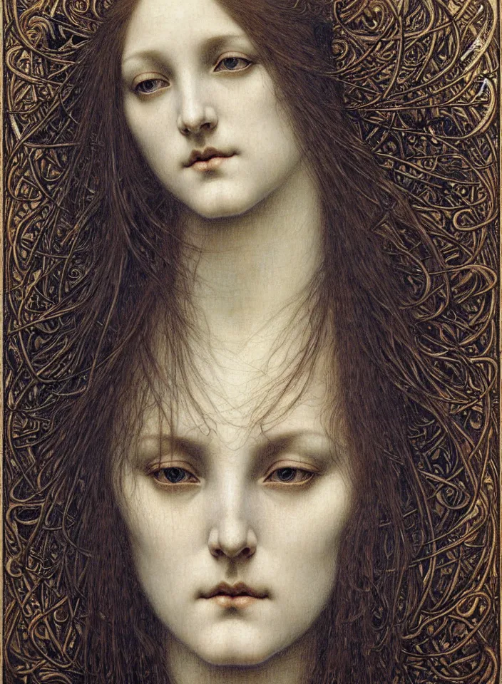 Image similar to detailed realistic beautiful young medieval queen face portrait by jean delville, gustave dore and marco mazzoni, art nouveau, symbolist, visionary, gothic, pre - raphaelite. horizontal symmetry