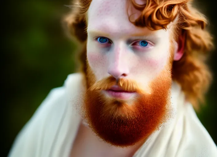 Image similar to portrait photography of a beautiful man how pre-Raphaelites beauty type in style of Nicolas False, britt marling style 3/4 , he has a short beard, his ginger hair is intricate, beautiful ethereal lace white robes, 8K, soft light, volumetric lighting, highly detailed Realistic, Refined, Highly Detailed, natural outdoor soft pastel lighting colors scheme, outdoor fine art photography