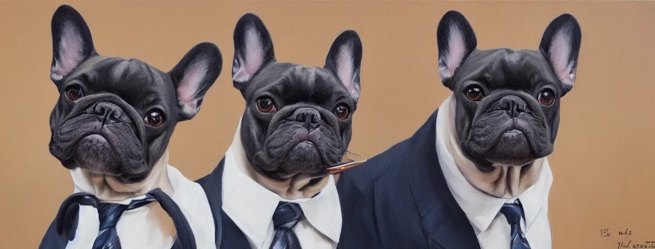 Image similar to oil painting of a french bulldog wearing businessman attire