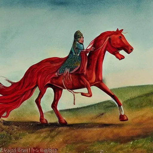 Image similar to The mixed mediart shows the heroine riding on a magnificent red horse. She is clad in a traditional Russian folk costume, complete with a brightly-colored headscarf. Her face is pale and beautiful, with a look of resolve in her eyes. Behind her, the horse's hooves churn up the earth as they gallop across the countryside. In the distance, the dark forest looms, its trees reaching up into the sky. scientific diagram by Jack Davis, by Zinaida Serebriakova amorphous