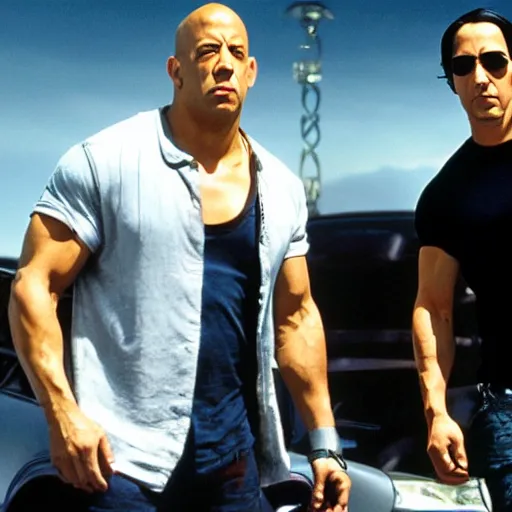 Prompt: film still of Vin Diesel as Domenic Toreto and Keanu Reeves as Brian O’Conner in Fast and the Furious