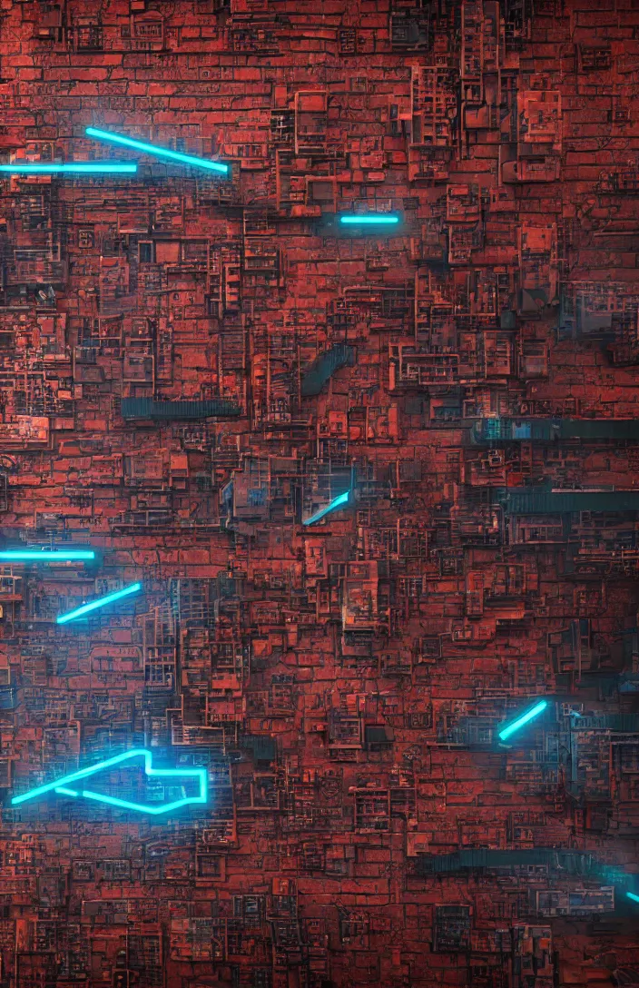 Prompt: close up of brick wall in futuristic city with a small amount of cyberpunk neon graffiti, photorealistic, octane, unreal engine, cgi, ultra detailed, very intricate,