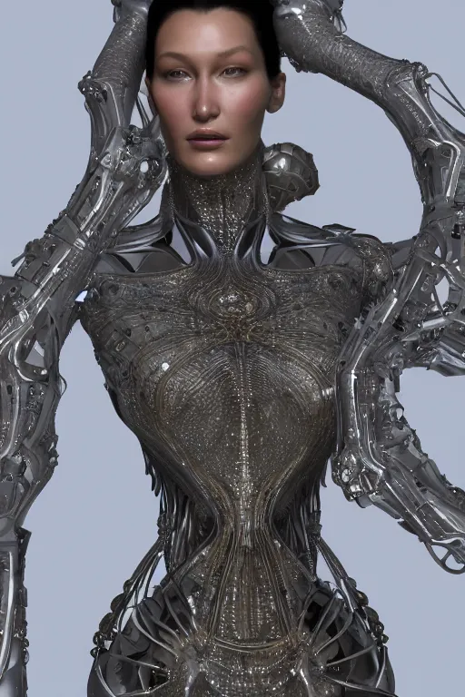 Image similar to a highly detailed metahuman 4 k close up render of an alien goddess bella hadid as doctor octopus in iris van herpen dress schiaparelli in diamonds swarovski and jewelry in style of alphonse mucha gustav klimt trending on artstation made in unreal engine 4