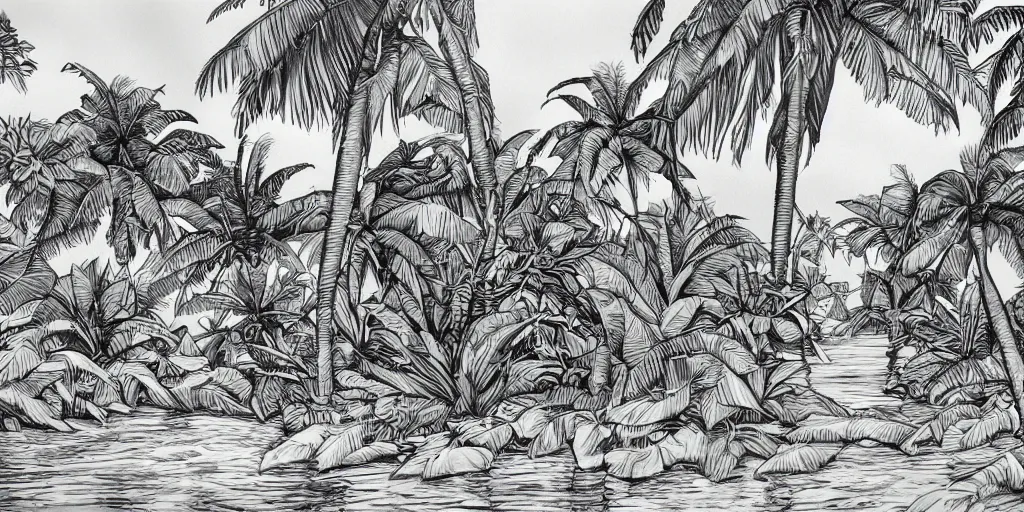 Image similar to tropical island, 8 k, high resolution, detailed charcoal drawing, beautiful hd, art nouveau, concept art, colourful artwork, in the style of konrad cramer