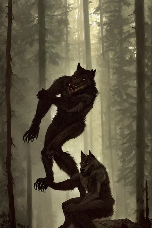 Image similar to fullbody portrait of a male werewolf, bared teeth, long claws, by greg rutkowski and alphonse mucha, gradient brown to silver, in front of a forest at night background, highly detailed portrait, digital painting, artstation, concept art, smooth, sharp focus illustration