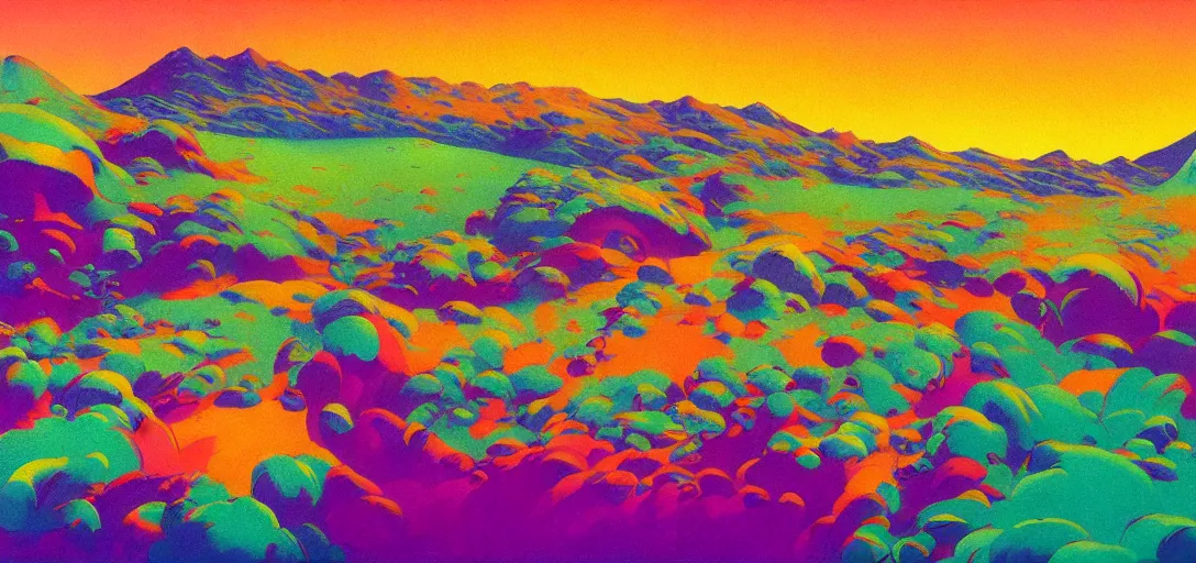 Prompt: a colorful vibrant closeup landscape licking a tab of lsd acid on its land tongue and dreaming psychedelic hallucinations, by moebius, edward hopper and james gilleard, zdzislaw beksinski, steven outram colorful flat surreal design, hd, 8 k, artstation, highly detailed