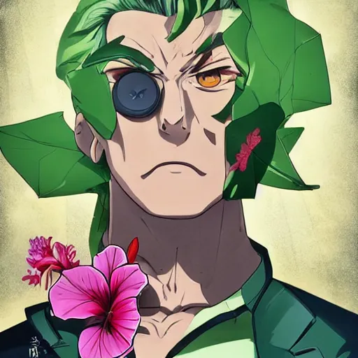 Prompt: handsome boxer, punching, wearing jacket, bodybuilder posing, portrait surrounded by hibiscus flowers, jojo cover art, jojo anime style, david production, style of vento aureo cover art, style of stone ocean cover art, style of steel ball run cover art, style of jojolion cover art, ilya kuvshinov style, illustrated by hirohiko araki