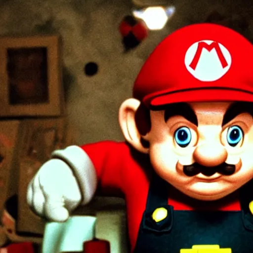 Image similar to Danny DeVito as Super Mario, cinematic, Wide-shot, atmospheric lighting, directed by Quentin Tarantino, movie still