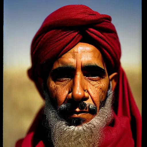 Prompt: portrait of president barack obama as afghan man, green eyes and red turban looking intently, photograph by steve mccurry