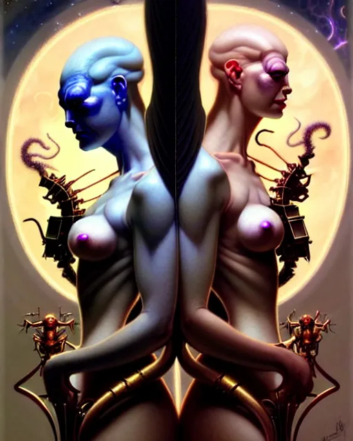 Image similar to beautiful gemini good and evil fantasy character portrait, ultra realistic, wide angle, intricate details, the fifth element artifacts, highly detailed by peter mohrbacher, hajime sorayama, wayne barlowe, boris vallejo, aaron horkey, gaston bussiere, craig mullins