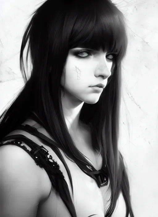 Image similar to portrait of white teenage girl, normal face, black bangs, mall goth, cyberlox, black and white hair, bangs, fluffy bangs, intricate, elegant, highly detailed, digital painting, artstation, concept art, sharp focus, smooth, illustration, art by wlop, mars ravelo and greg rutkowski