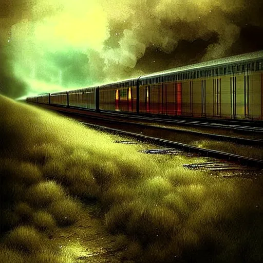 Prompt: a train filled with ethereal spirits travelling to the after life impressive scene. grainy and rough. soft colour scheme. beautiful artistic detailed digital art