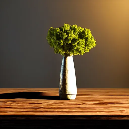 Image similar to a large vase sitting on top of a wooden table, medieval concept art, cinematic lightning and colors, featured on cg society, photorealism, vray tracing, rendered in unreal engine, photorealistic, vegetables on table and candle, dark lightning, contrast shadows