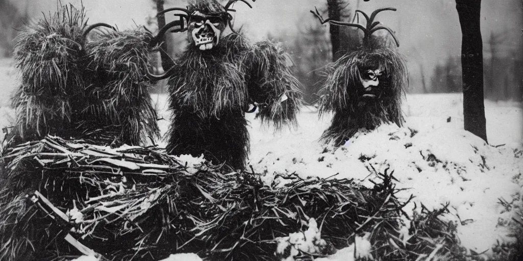 Image similar to 1 9 2 0 s photography of krampus hay monster burning on a pyre, submerged in snow