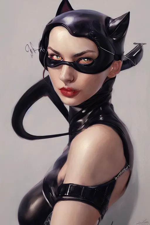 Image similar to portrait of a Catwoman by Mandy Jurgens and Richard Schmid, trending on artstation