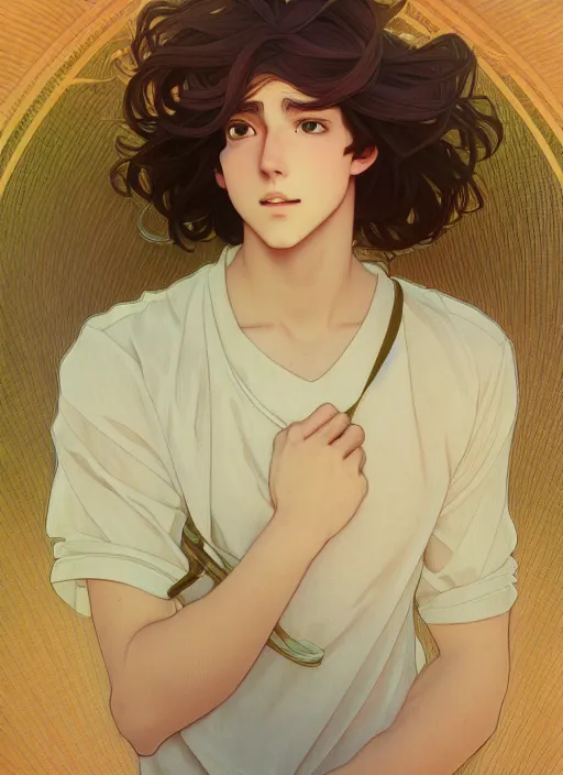 Prompt: pretty young man with shoulder length shiny shimmering golden blond hair, path traced, highly detailed, high quality, digital painting, by studio ghibli and alphonse mucha, leesha hannigan, makoto shinkai, disney