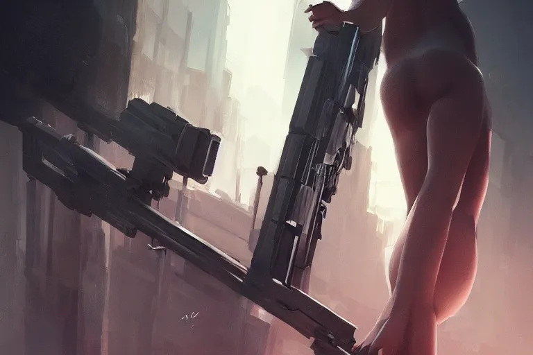 Image similar to back shot of one single beautiful girl, holding a sniper rifle, digital art by wlop. artstation contest winner, cinematic paint. lower shot. blade runner