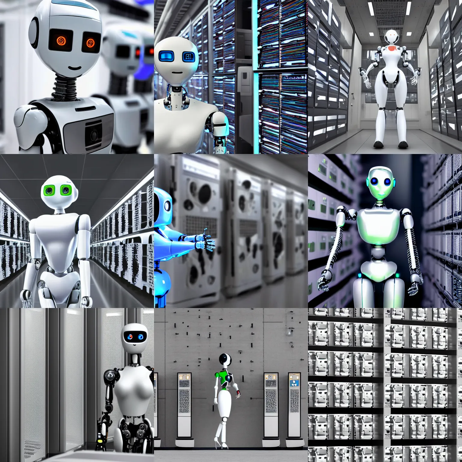 Prompt: a robot female guarding a wall of computers