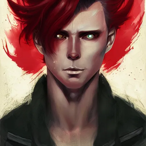 Prompt: headshot portrait of male anime character extremely sharp jaws slit yellow eyes medium length red hair inspired by tom hiddleston by anato finnstark, tom bagshaw, brom