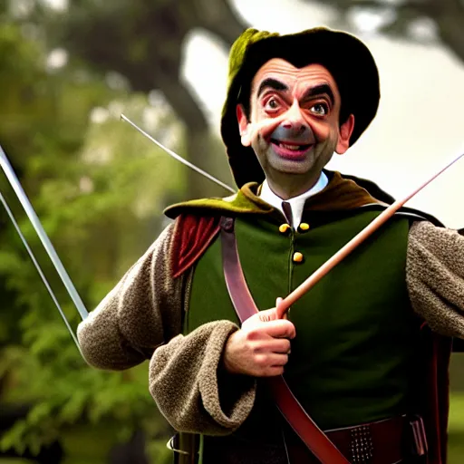 Prompt: mr. bean as robin hood. movie still. cinematic lighting.