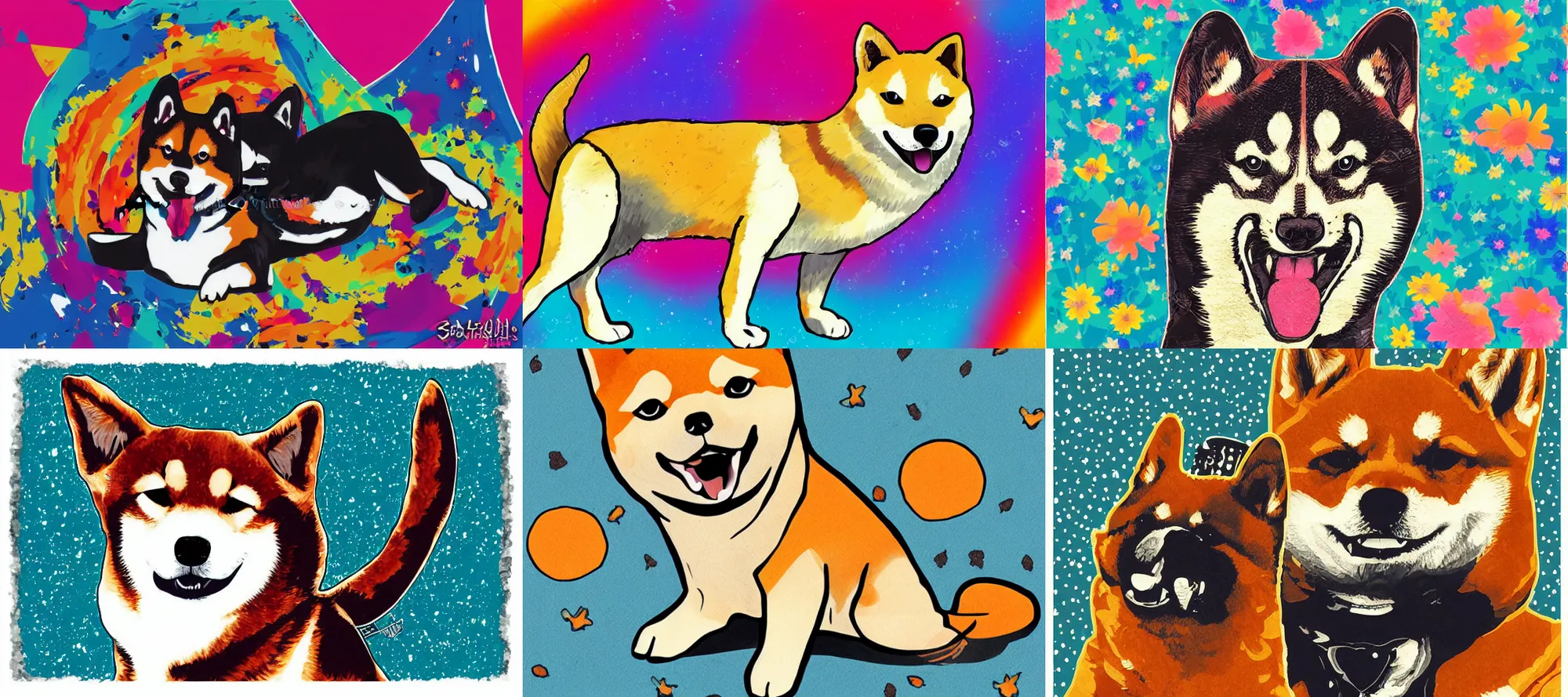 Prompt: Shiba Inu illustration in the style of a jimmy hendrix poster