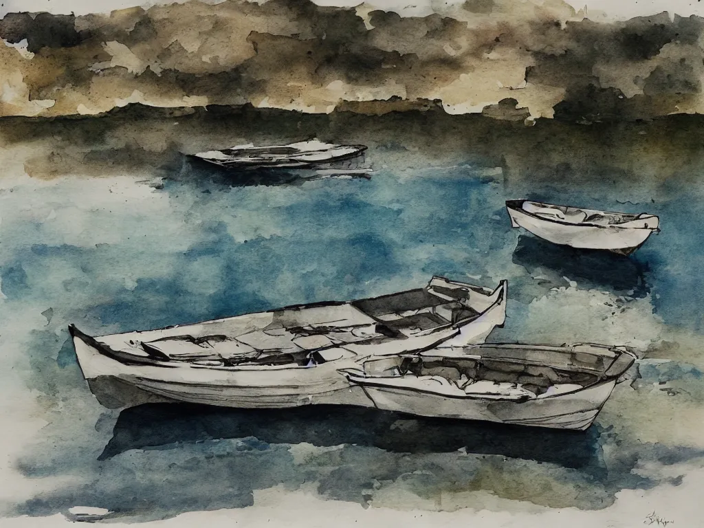 Image similar to a boat is parked on the lake, there is only one person on the boat fishing, cinematic landscape ， natural light, ink painting