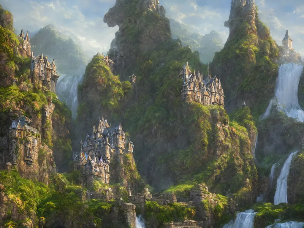 Image similar to a painting of a castle with a waterfall in front of it, a detailed matte painting by tyler edlin, featured on cgsociety, arts and crafts movement, artstation hq, unreal engine 5