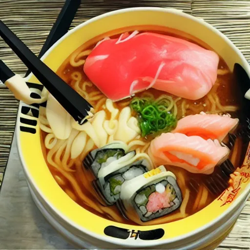 Image similar to hayao miyazaki studio ghibli ramen and sushi cooking anime