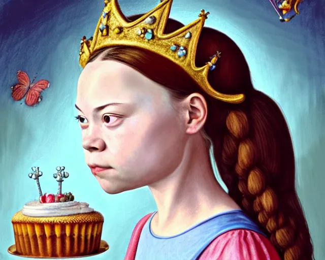 Prompt: closeup profile medieval bosch portrait of greta thunberg as a fairytale princess wearing a crown eating cakes in the castle kitchen, nicoletta ceccoli, mark ryden, lostfish, max fleischer, hyper realistic, artstation, illustration, digital paint, matte paint, vivid colors, bright, cheerful, detailed and intricate environment