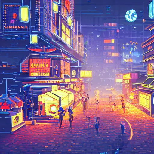 Image similar to fantastic lighting, pixel art, high detail , 16 bits, cyberpunk market, 2d