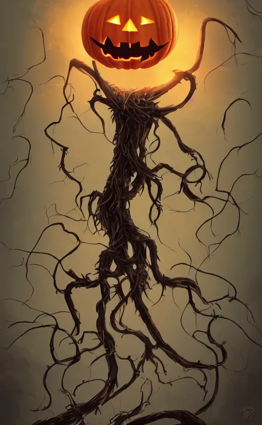 Image similar to fantasy monster concept art, a jack o lantern monster with vines for a body walking down a street of nightmares, dynamic lighting, photorealistic, trending on art station, stunning visuals, creative, cinematic, ultra detailed, atmospherical, ambient lighting, scary art, eery art