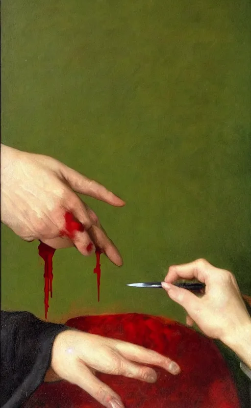 Image similar to by 1 9 th century famous painter, hands, nail polish, blood smear, blood dripping, knife, realism, realistic, oil painting, green wallpaper background