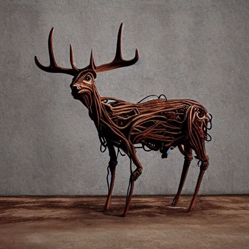 Prompt: hyperealistic sculpture of a deer with rusty pipes extruding from the body, body horror, mechanical bodies, scary, disturbing, eerie 8K, full hd