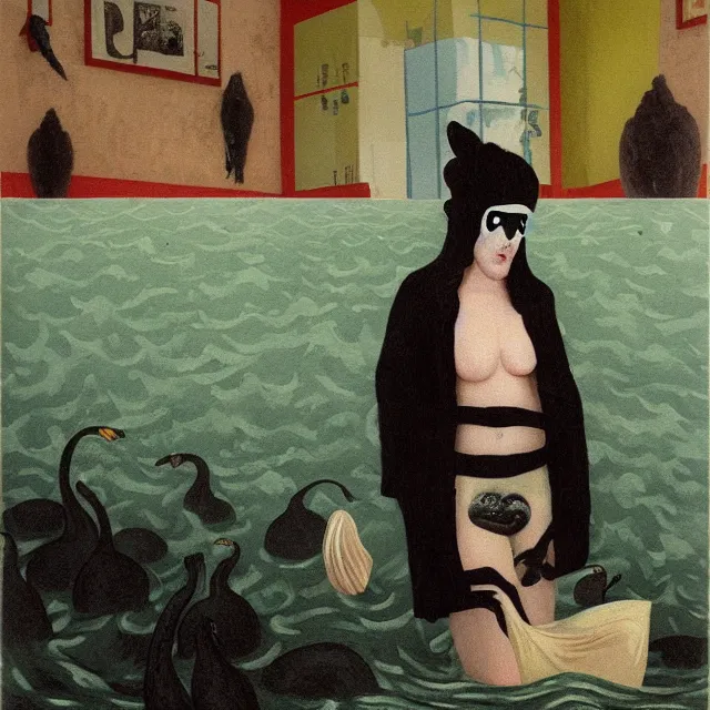 Image similar to tall female emo artist wearing a pig mask in her flooded apartment, mushrooms, octopus, water gushing from ceiling, painting of flood waters inside an artist's apartment, a river flooding indoors, pomegranates, ikebana, zen, rapids, waterfall, black swans, canoe, berries, acrylic on canvas, surrealist, by magritte and monet