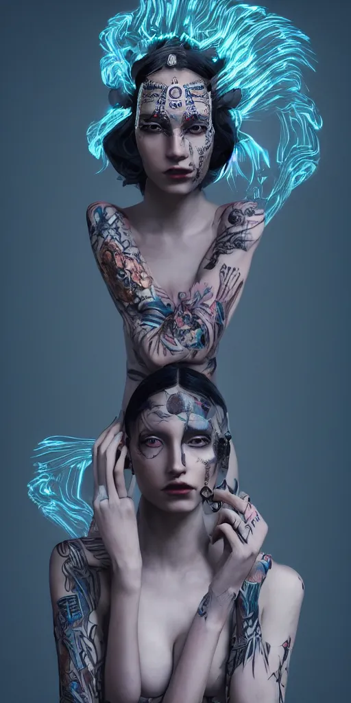 Image similar to hyperrealistic futuristic high fashion photography, girl in studio, full body, vogue magazine, nomad masterpiece, nano parts, neon lights, smoke, eerie music, beautiful intricate face and flawless skin, tribal jewelry, tattoos, perfect hands, head piece, by Edgar Maxence and Ross Tran and Michael Whelan, 8k, octane render