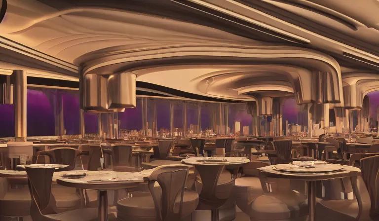 Image similar to a beautiful, sharp focus, clean lines. the interior of an art deco undersea restaurant. vaporwave ombre rendering. outrun style. trending on artstation. recommended for you behance. by chris moore. by edward hopper. ambient occlusion. digital matte painting. metropolis filmic. gotham city.