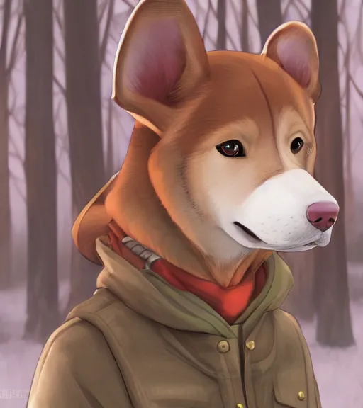 Image similar to close up character portrait icon of the anthro anthropomorphic very cute jindo dog trader head animal person fursona wearing clothes standing in the bright forest, hidari, color page, tankoban, 4 k, tone mapping, akihiko yoshida