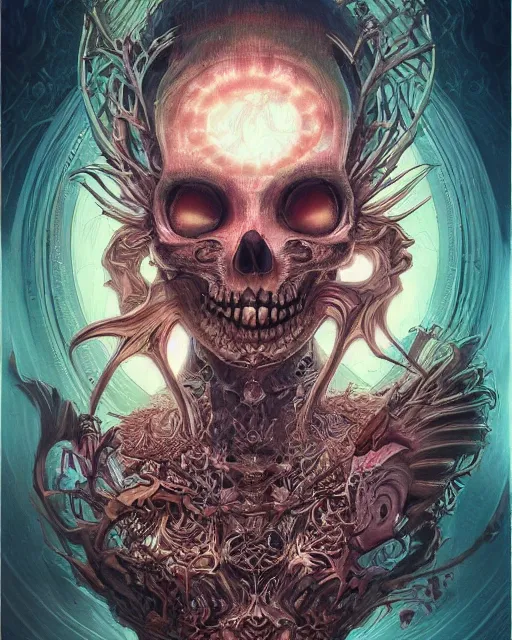 Image similar to perfectly centered portrait front view of a angry dead rotten beautiful female skull growing ornamentation all around, ornate, detailed, symmetrical, elegant, beautifully soft lit, by wayne barlowe, peter mohrbacher, kelly mckernan