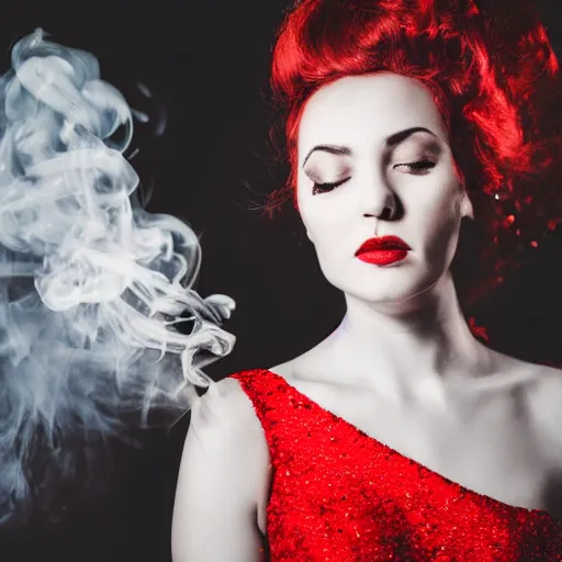 Image similar to a detailed photo of woman in evening dress and smoke around the woman, noire photo, grayscale photo with red dress, photo by Michael David Rock, 8K, 50mm lens