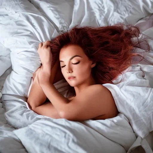 Prompt: tan woman with long pink hair sleeping in bed