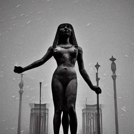 Image similar to sculpture of Cleopatra on the rain, faith, full body, low angle, night, surrounded by smoke, shadows, award winning photography