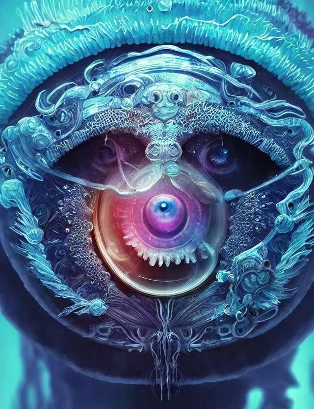 Image similar to eye of god macro close - up portrait with mask made of ram skull. betta fish, jellyfish phoenix, plasma, ice, water, wind, creature, super intricate ornaments artwork by tooth wu and wlop and beeple and greg rutkowski